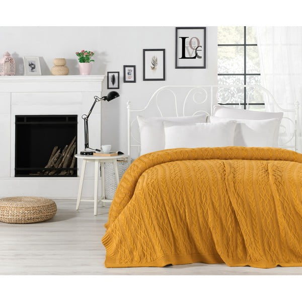 Gorčično rumeno pregrinjalo za posteljo Knit, 220 x 240 cm