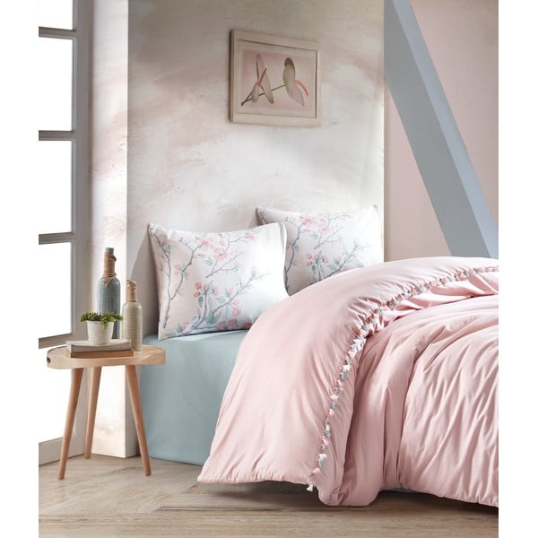 Pudrasto rožnata bombažna posteljnina z rjuho Cotton Box Linda, 200 x 220 cm