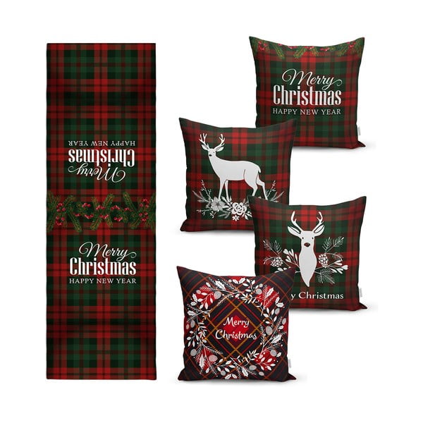 4 božične prevleke za okrasne blazine in namizni tekač Minimalist Cushion Covers Tartan Christmas