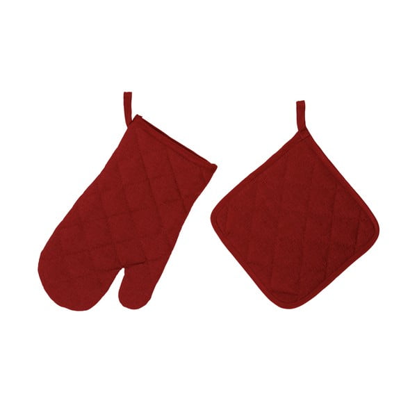 Komplet škrlatno rdečih kuhinjskih rokavic in prijemalk Unimasa