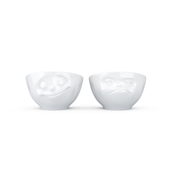 Komplet 2 belih porcelanastih skodelic za jajca 58products Happy & Hmpff