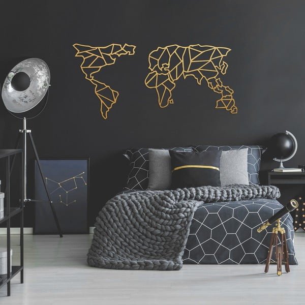 Kovinska stenska dekoracija v zlati barvi Geometric World Map, 120 x 58 cm