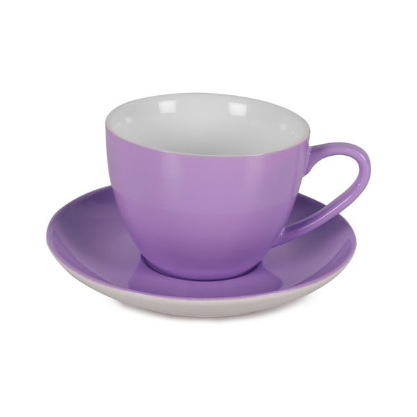 Komplet 6 vijoličnih porcelanastih skodelic in krožnikov Efrasia, 200 ml