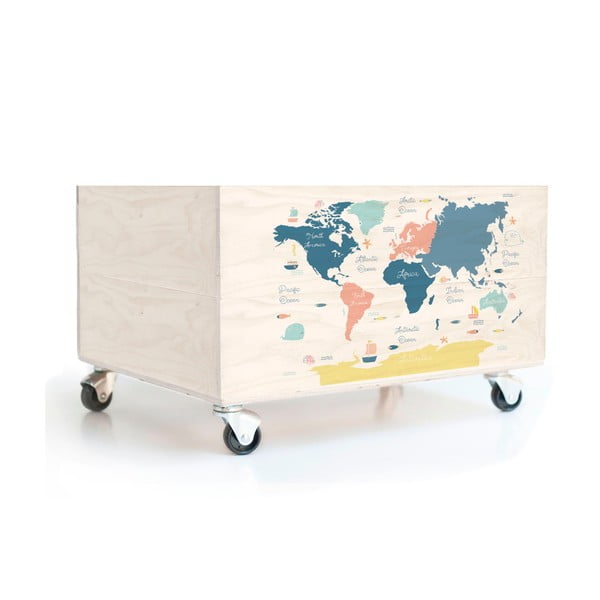 Otroška škatla za shranjevanje iz borovega lesa na kolesih Folkifreckles Worldmap