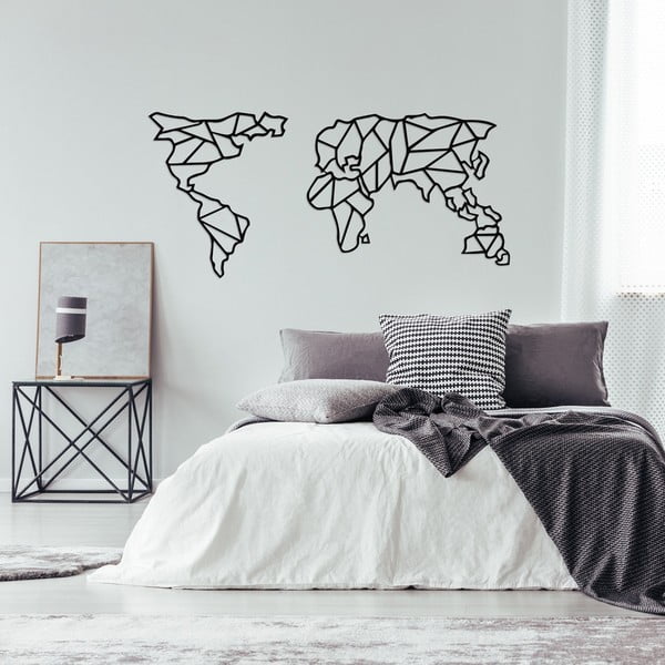 Črna kovinska stenska dekoracija Geometric World Map, 150 x 80 cm