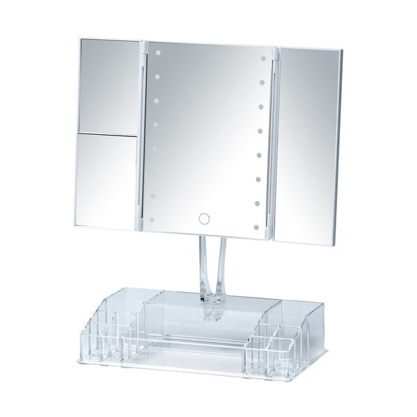 Belo zložljivo kozmetično ogledalo z osvetlitvijo LED in organizatorjem za ličila Fanano