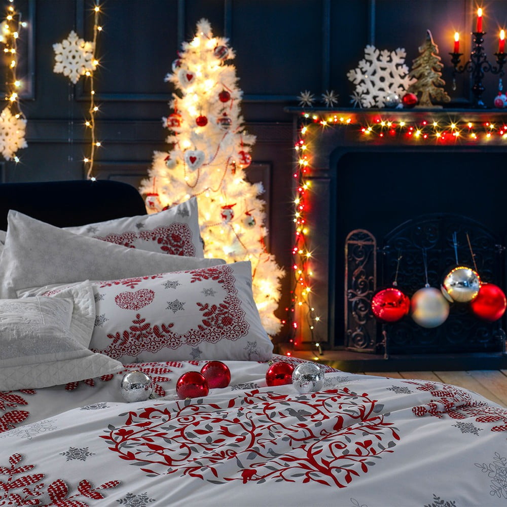Bombažna posteljnina z rjuho za zakonsko posteljo Snowtime Red, 200 x 220 cm