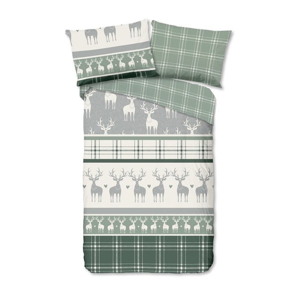 Zeleno-siva flanelna posteljnina z božičnim motivom Good Morning Bjirk, 140 x 200 cm