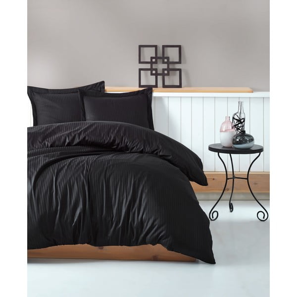 Črna posteljnina z rjuho Stripe, 200 x 220 cm