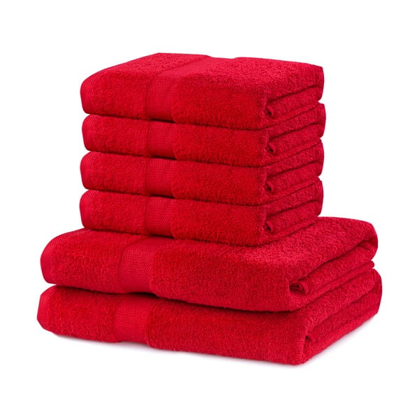 Komplet 2 rdečih bombažnih kopalnih brisač in 4 brisač DecoKing Marina