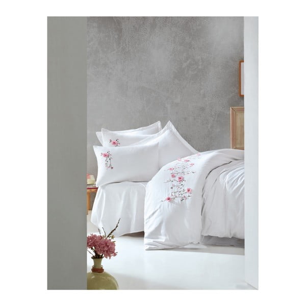 Bela satenasta posteljnina z rjuho Perla White, 200 x 220 cm