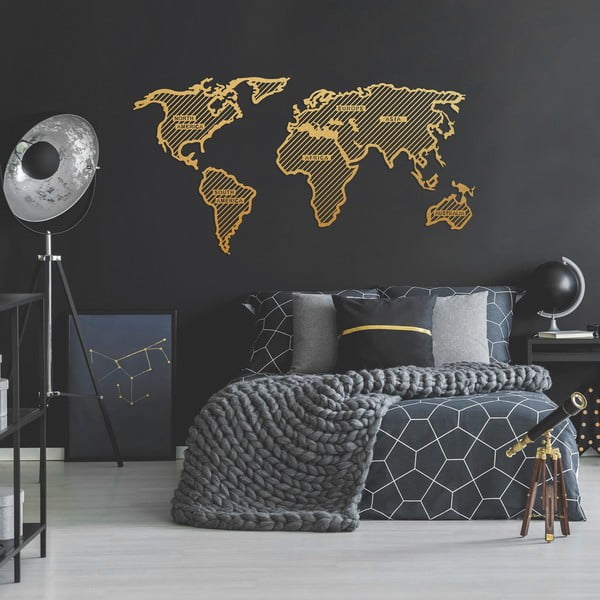 Kovinska stenska dekoracija v zlati barvi World Map In The Stripes, 150 x 80 cm