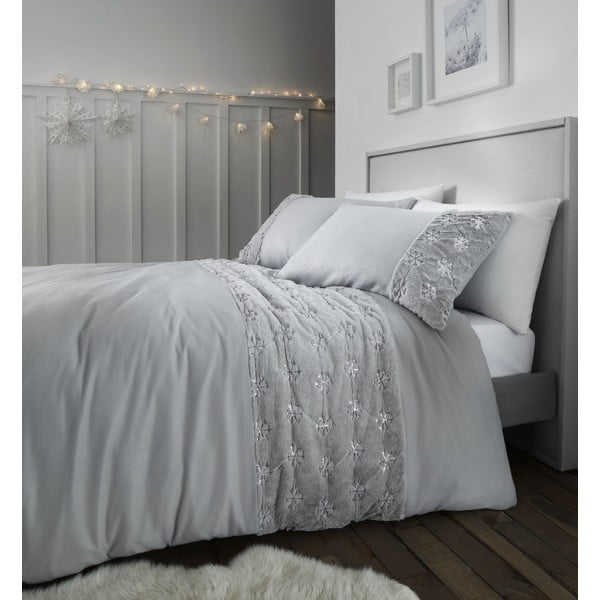 Siva mikroplišasta posteljnina Catherine Lansfield Cosy Snowflake, 135 x 200 cm