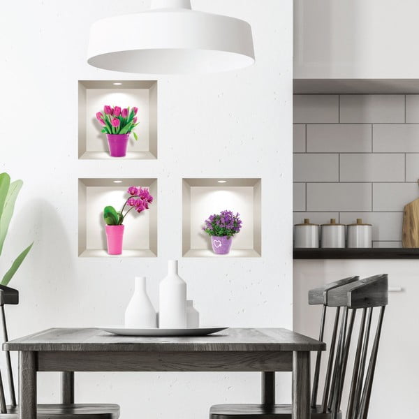 Komplet 3 3D stenskih nalepk Ambiance Tulips, Orchids and Lilacs