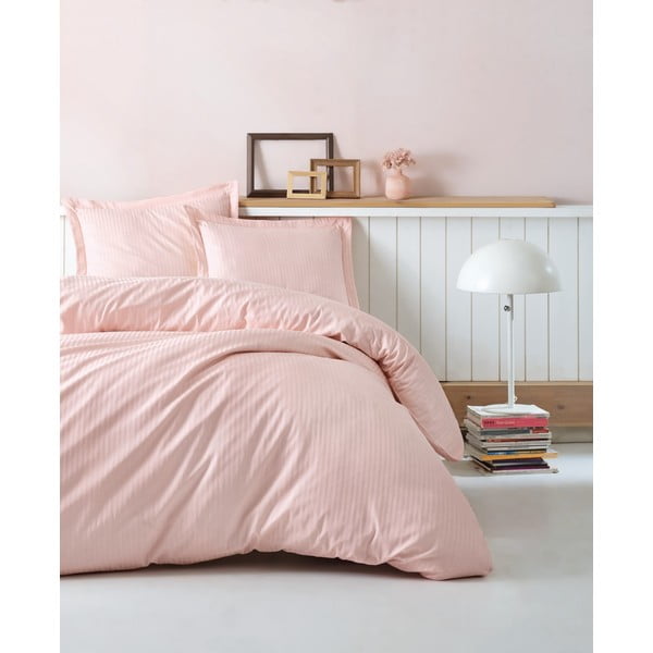 Pudrasto rožnata posteljnina za zakonsko posteljo Stripe, 200 x 220 cm