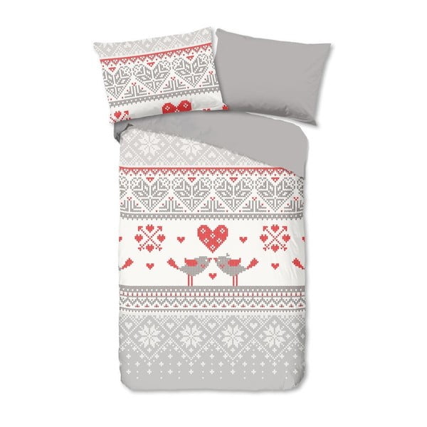 Sivo-rdeča flanelna posteljnina z božičnim motivom Good Morning Flow, 140 x 200 cm