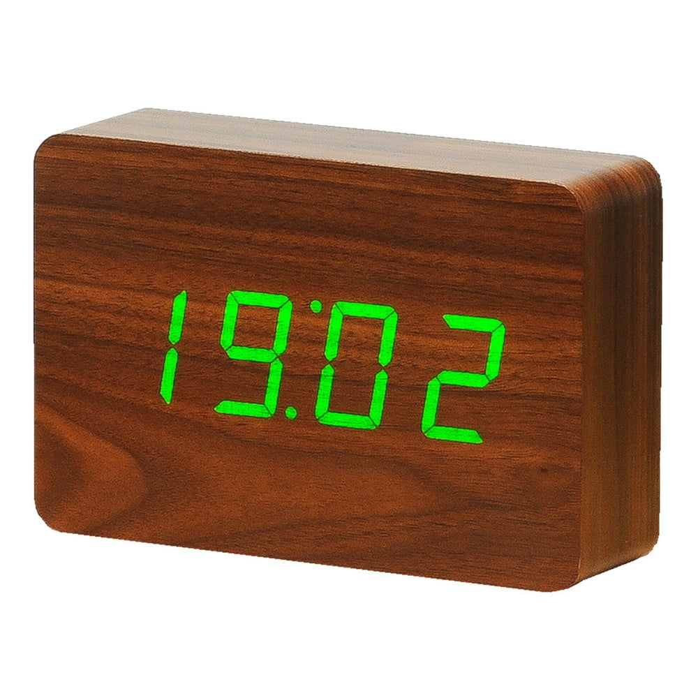 Temno rjava budilka z zelenim LED zaslonom Gingko Brick Click Clock