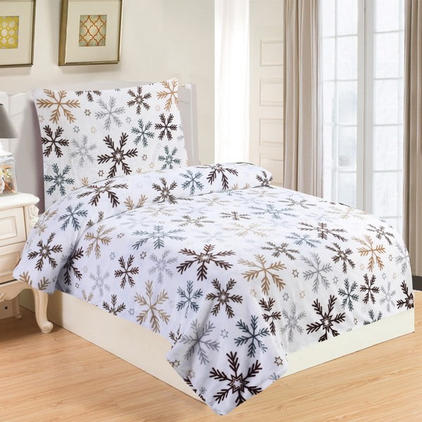 Belo-rjava mikroplišasta posteljnina My House Snowflakes, 140 x 200 cm