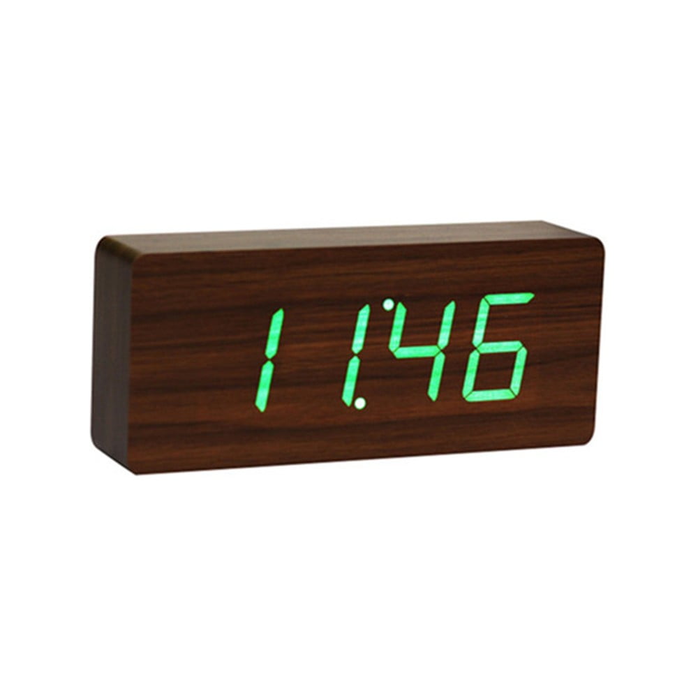 Temno rjava budilka z zelenim zaslonom LED Gingko Slab Click Clock