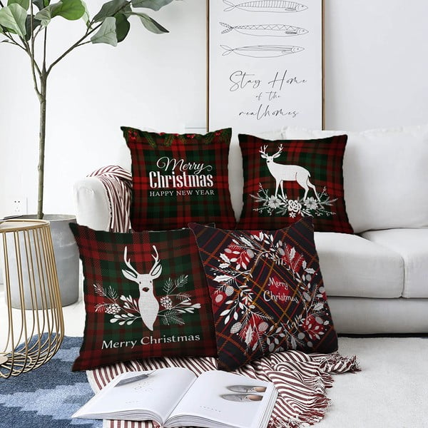 Komplet 4 božičnih prevlek za okrasne blazine iz šenila Minimalist Cushion Covers Tartan Merry Christmas, 55 x 55 cm