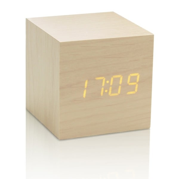 Svetlo bež budilka z rumenim LED zaslonom Gingko Cube Click Clock