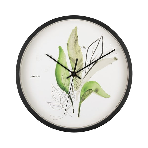 Zeleno-bela stenska ura v črnem okvirju Karlsson Leaves, ø 26 cm