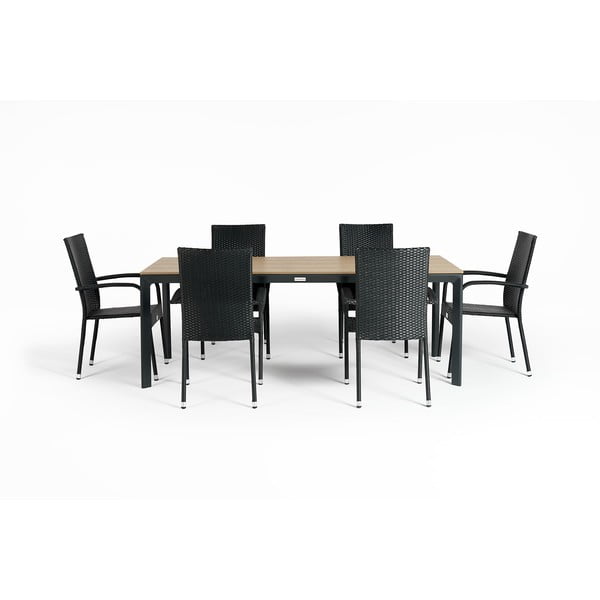 Vrtna jedilna garnitura za 6 oseb s črnimi stoli Paris in mizo Thor, 210 x 90 cm